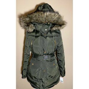 NEW Michael Kors Women's petite M PM Belted Down Coat dark forest green fur hood